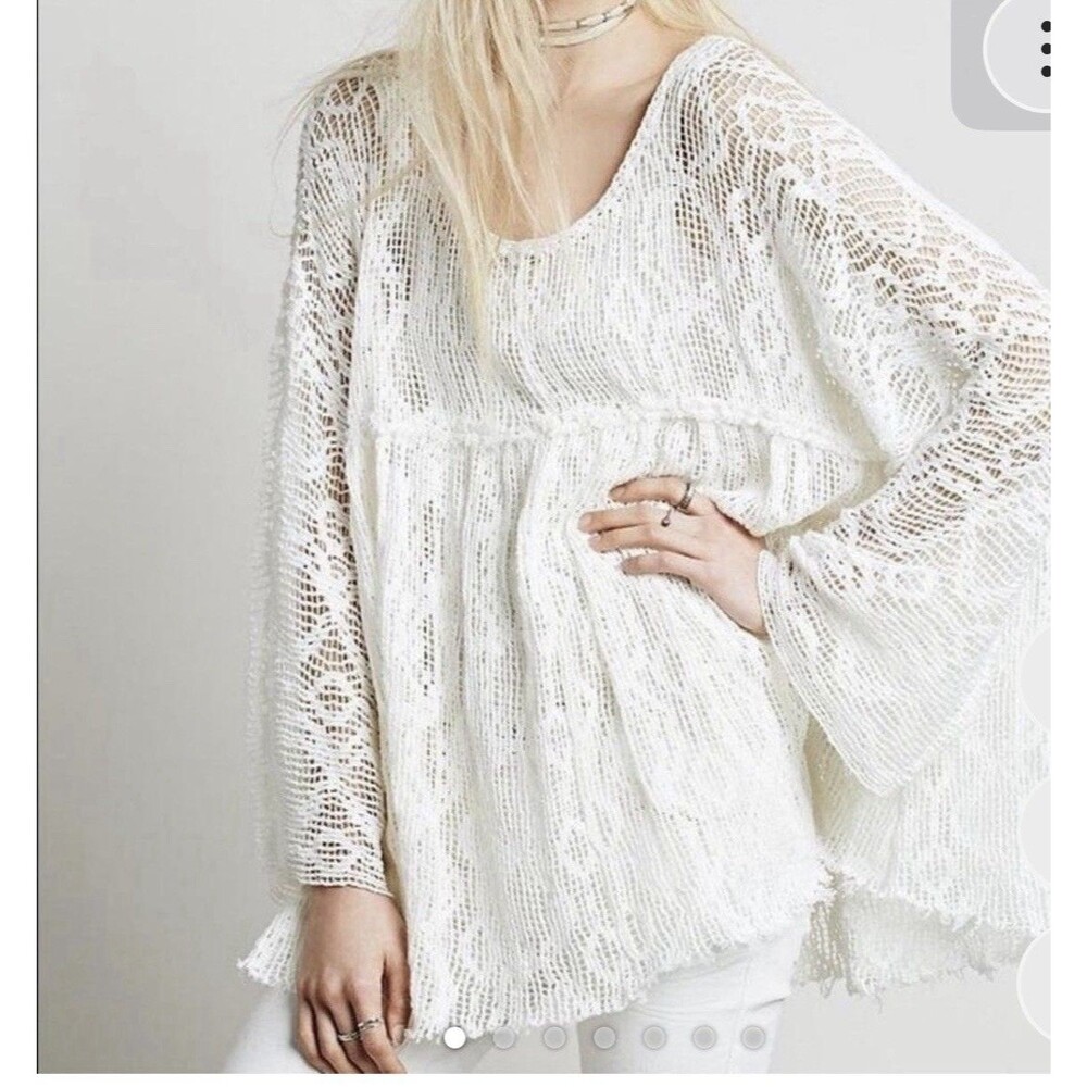 Free People Cream Oversized‎ Lace Ripped Torn Babydoll Tunic Top Size XS/S Boho